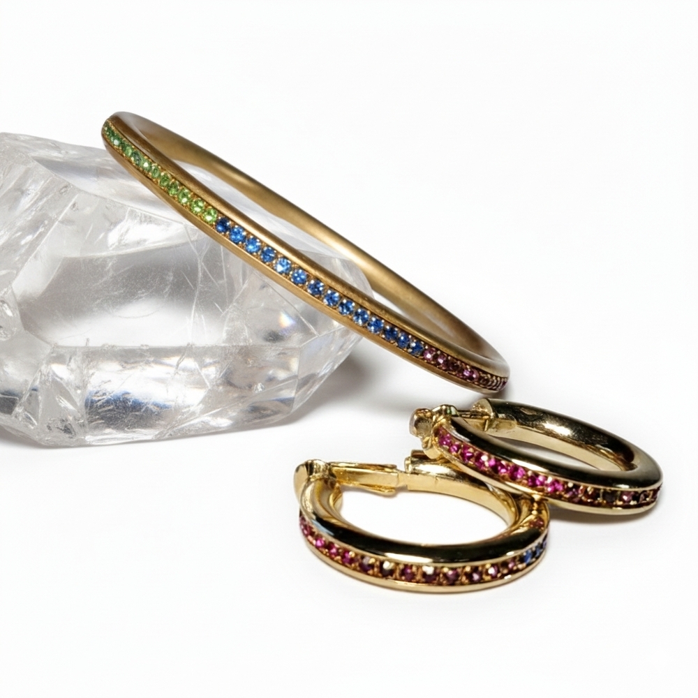 Bracelet & Earrings Set NEW Gold Plated Vintage Rainbow Glass Rhinestone Clip-On